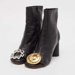 Pre Owned Celine Black Leather Crystal Embellished Ankle Length Boots Size 38.5