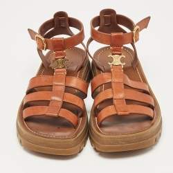 Pre Owned Celine Brown Leather Triomphe Flat Sandals Size 37