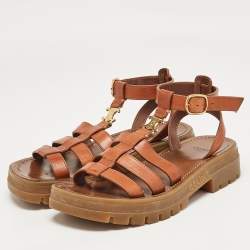 Pre Owned Celine Brown Leather Triomphe Flat Sandals Size 37