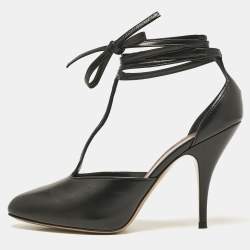 Pre Owned Celine Black Leather Ankle Wrap Pumps Size 37.5