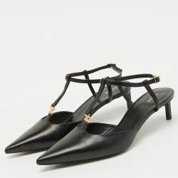 Pre Owned Celine Black Leather Pointed Toe T-Bar Strap Pumps Size 38