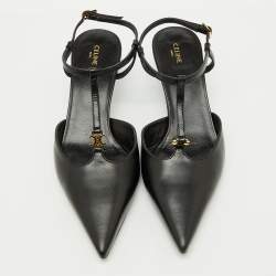 Pre Owned Celine Black Leather Pointed Toe T-Bar Strap Pumps Size 38