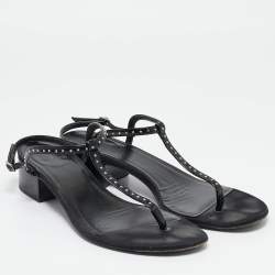 Pre Owned Celine Black Leather Studded T-Strap Sandals Size 39.5