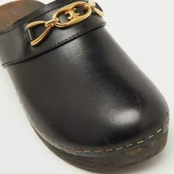 Pre Owned Celine Black Leather Chain Logo Detail Platform Clogs Size 39
