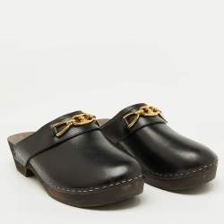 Pre Owned Celine Black Leather Chain Logo Detail Platform Clogs Size 39