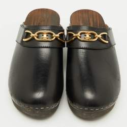 Pre Owned Celine Black Leather Chain Logo Detail Platform Clogs Size 39