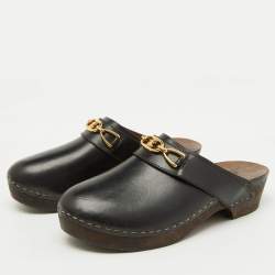 Pre Owned Celine Black Leather Chain Logo Detail Platform Clogs Size 39