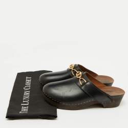 Pre Owned Celine Black Leather Chain Logo Detail Platform Clogs Size 39