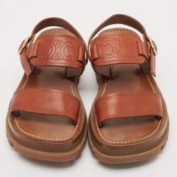 Celine Brown Leather Clea Triomphe Flat Sandals Size 37