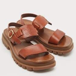 Celine Brown Leather Clea Triomphe Flat Sandals Size 37