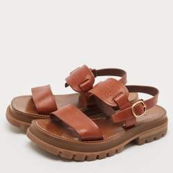 Celine Brown Leather Clea Triomphe Flat Sandals Size 37