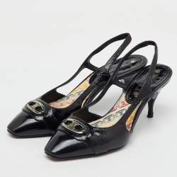 Celine Black Leather Logo Slingback Pumps Size 37.5