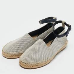 Celine White/Navy Blue Canvas Ankle Strap Espadrille Flats Size 38
