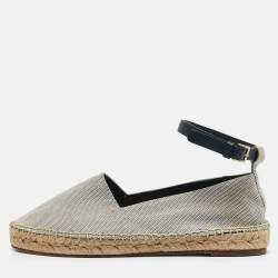 Celine White/Navy Blue Canvas Ankle Strap Espadrille Flats Size 38