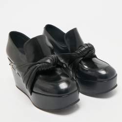 Pre Owned Celine Black Leather Phoebe Phile Bow Wedge Platform Loafers Size 35
