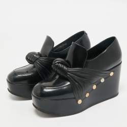 Pre Owned Celine Black Leather Phoebe Phile Bow Wedge Platform Loafers Size 35
