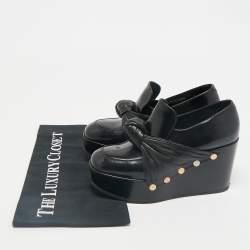 Pre Owned Celine Black Leather Phoebe Phile Bow Wedge Platform Loafers Size 35