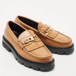 Pre Owned Celine Tan Leather Triomphe frame Margaret Slip On Loafers Size 37