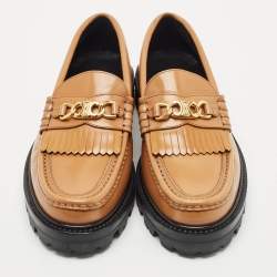 Pre Owned Celine Tan Leather Triomphe frame Margaret Slip On Loafers Size 37