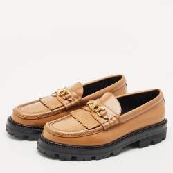 Pre Owned Celine Tan Leather Triomphe frame Margaret Slip On Loafers Size 37