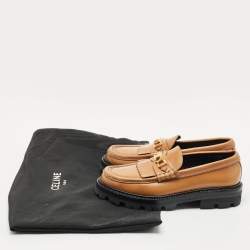 Pre Owned Celine Tan Leather Triomphe frame Margaret Slip On Loafers Size 37