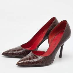 Pre Owned Celine Dark Brown Croc Embossed Leather D'orsay Pointed Toe Pumps Size 37