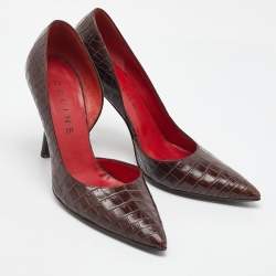 Pre Owned Celine Dark Brown Croc Embossed Leather D'orsay Pointed Toe Pumps Size 37