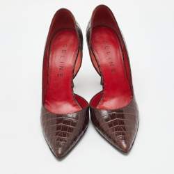 Pre Owned Celine Dark Brown Croc Embossed Leather D'orsay Pointed Toe Pumps Size 37