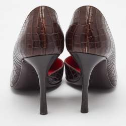 Pre Owned Celine Dark Brown Croc Embossed Leather D'orsay Pointed Toe Pumps Size 37