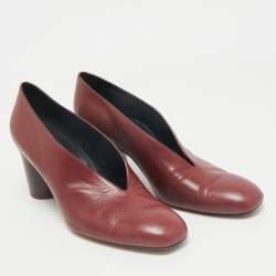 Pre Owned Celine Burgundy Leather V Neck Round Toe Block Heel Pumps Size 40.5