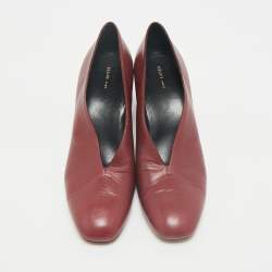 Pre Owned Celine Burgundy Leather V Neck Round Toe Block Heel Pumps Size 40.5