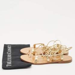 Celine Gold Leather Studded Ankle Wrap Flat Sandals Size 37