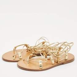 Celine Gold Leather Studded Ankle Wrap Flat Sandals Size 37