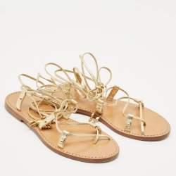 Celine Gold Leather Studded Ankle Wrap Flat Sandals Size 37