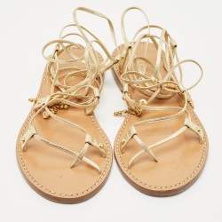 Celine Gold Leather Studded Ankle Wrap Flat Sandals Size 37