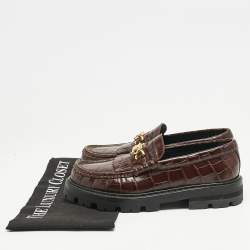 Celine Dark Brown Croc Embossed Leather Margaret Fringe Slip On Loafers Size 37