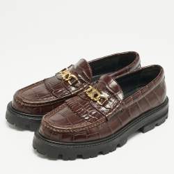 Celine Dark Brown Croc Embossed Leather Margaret Fringe Slip On Loafers Size 37