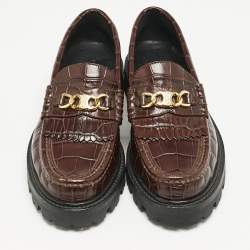 Celine Dark Brown Croc Embossed Leather Margaret Fringe Slip On Loafers Size 37