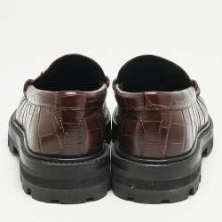 Celine Dark Brown Croc Embossed Leather Margaret Fringe Slip On Loafers Size 37