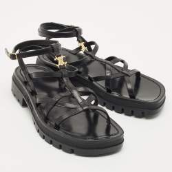 Pre Owned Celine Black Leather Clea Triomphe Strappy Sandals Size 38