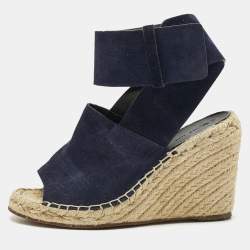 Pre Owned Celine Navy Blue Suede Wedge Ankle Wrap Espadrille Sandals Size 37