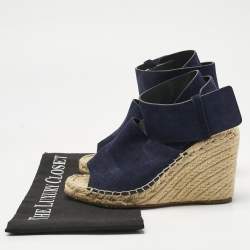 Pre Owned Celine Navy Blue Suede Wedge Ankle Wrap Espadrille Sandals Size 37