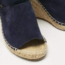 Pre Owned Celine Navy Blue Suede Wedge Ankle Wrap Espadrille Sandals Size 37