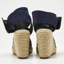 Pre Owned Celine Navy Blue Suede Wedge Ankle Wrap Espadrille Sandals Size 37