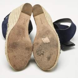 Pre Owned Celine Navy Blue Suede Wedge Ankle Wrap Espadrille Sandals Size 37