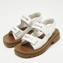 Pre Owned Celine White Leather Leo One Strap Flat Sandals Size 38