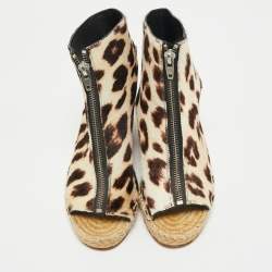 Pre Owned Celine Brown/Cream Calf Hair Wedge Espadrille Sandals Size 37