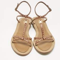 Pre Owned Celine Brown Leather Ankle Strap Flats Sandals Size 39