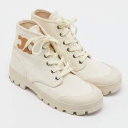 Pre Owned Celine Ivory Canvas Patapans Lace Up Ankle Boots Size 40