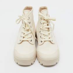 Pre Owned Celine Ivory Canvas Patapans Lace Up Ankle Boots Size 40